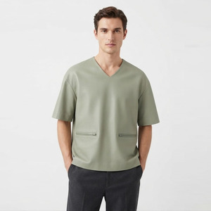 Plain Men's PU Leather Fashion <b>T</b> <b>Shirt</b> <b>V</b> <b>Neck</b> <b>Oversized</b> Short Sleeve Luxury Streetwear Apparel Custom Leather <b>T</b> <b>Shirt</b> - Product Image 1