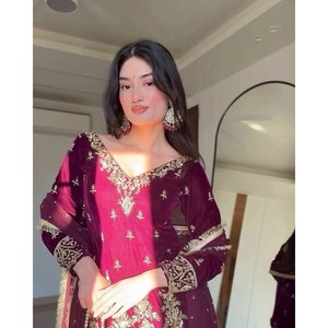 Party Wear <b>Red</b> Chiffon Top-Bottom and Dupatta Set with Embroidery 100% Polyester XL Size - Product Image 6