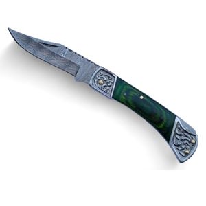 Couteaux pliants de poche haut de gamme avec lame en acier à motifs, manche décoratif et étui de rangement en cuir pour le camping et la chasse - Product Image 1