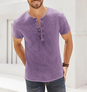 Chemises Henley OEM en gros, style vieilli, rétro, à manches courtes, décontractées, boutonnées, lavées, pour hommes, 100% coton, 240 GSM - Product Image 1