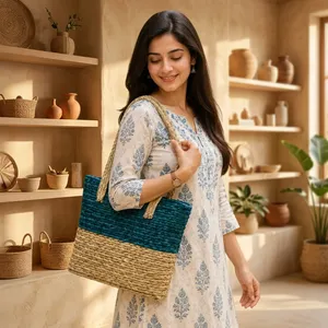 Sac fourre-tout rectangulaire en paille tressée artisanale Sabai Grass, style bohème, pour femme, élégant, écologique, sac à main tendance - Product Image 2