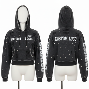 เสื้อฮู้ดครอปผู้หญิงสไตล์สตรีทแวร์แบบสั่งทำพิเศษ ล้างสีแบบแอซิดวอช แต่งดีเทลขาดๆ แบบไหล่ตก ผ้าหนา ประดับด้วยคริสตัล - Product Image 1