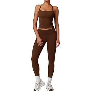 Ensemble de yoga 2 pièces très demandé : débardeurs sans coutures et leggings taille haute pleine longueur, couleur unie, pour le yoga, le fitness et la gym - Product Image 1