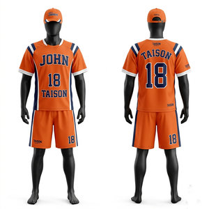 Tenue de lacrosse pour hommes en maille polyester respirante 160 GSM, design à panneaux orange, bleu marine et blanc, ensemble personnalisable avec logo par sublimation - Product Image 1