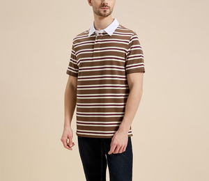 เสื้อโปโลผู้ชายสไตล์วินเทจสำหรับฤดูร้อน ผลิตตามสั่ง ขายส่ง OEM พร้อมปักโลโก้แบรนด์ ผ้าคอตตอน/โพลีเอสเตอร์ผสม 220 GSM ผ้าถักลายทางย้อมเส้นด้าย - Product Image 3