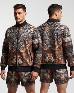 Conjunto de chándal de dos piezas para hombre con estampado de bloques de color por sublimación, estilo urbano de verano, manga larga, cierre de cremallera, ajuste holgado y cuello alto. - Product Image 2