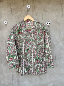 Conjunto de Pijama de Algodón Floral de Verano Ecológico para Mujer, Ropa de Dormir con Estampado Indio, Rosa y Verde, 3 Piezas, con Botones - Product Image 4