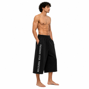 Drawstring Waist Oversize Knee Length <b>Shorts</b> <b>Men</b> Distressed Embroidery Fleece <b>Long</b> <b>Shorts</b> French Terry 450 GSM <b>Short</b> Sweatpants - Product Image 3