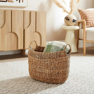 Round Utility <b>Basket</b> With Handles Woven Seagrass Rustic Style Multi Purpose Organizing Bin Vietnam Manufacturer - Product Image 3