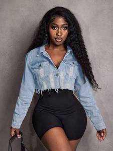 Women's Casual Fashionable Street Ripped Frayed Hem Cropped <b>Denim</b> <b>Jacket</b>, Suitable For Daily use - Product Image 4