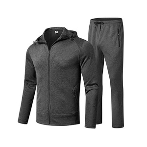 Men’s Performance Charcoal Grey Heather Tech Tracksuit – Premium Two-Piece Athletic Set Featuring Full-<b>Zip</b> <b>Hooded</b> Training - Product Image 1