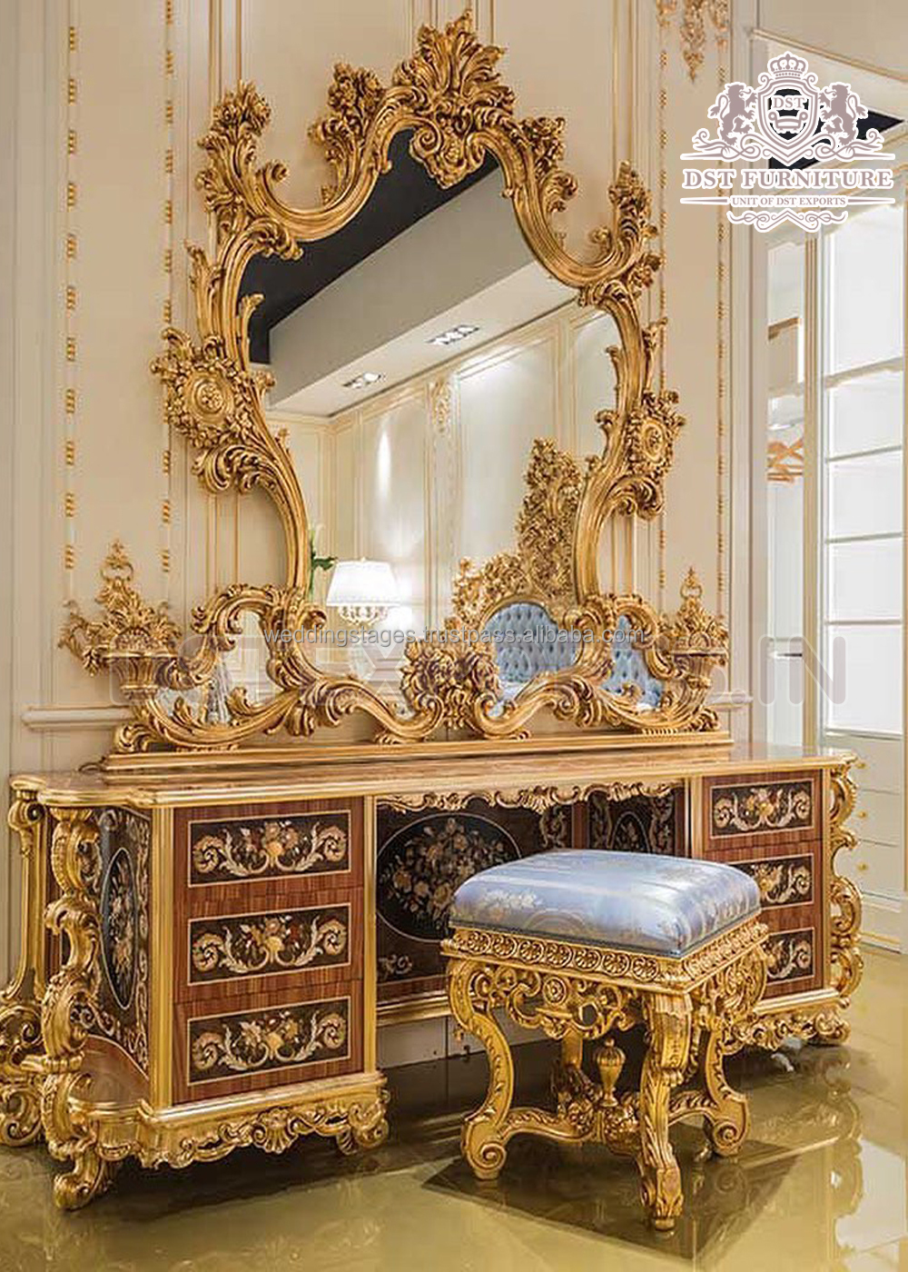 Royal White Gold Dressing Table Set - European Style Vanity