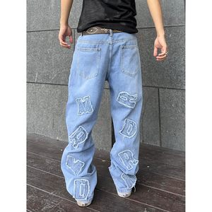 2025 Distro Baggy Jeans para hombres y mujeres Parcheado Carta Insignia Pantalones de mezclilla de pierna ancha Y2K Estilo Hip Hop Oscuro Flaco Casual Suelto - Product Image 4