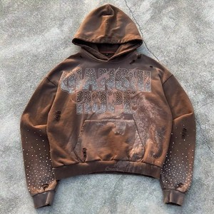 Sweat à capuche oversize délavé à l'acide avec logo personnalisé en strass, style streetwear, sans cordon de serrage, pour hommes et femmes - Product Image 1