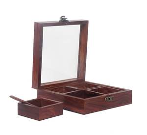Organisateur d'épices Masala Dabba en bois carré décoratif fait à la main avec une cuillère artisanale pour une utilisation à la maison et en cuisine - Product Image 1