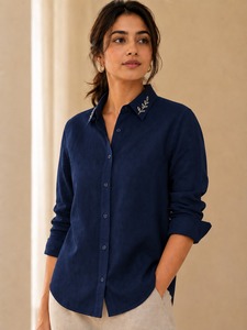 Chemise en lin/coton tissé pour homme, bleu clair, col boutonné, manches longues, chemisier décontracté pour tous les jours, printemps - Product Image 1