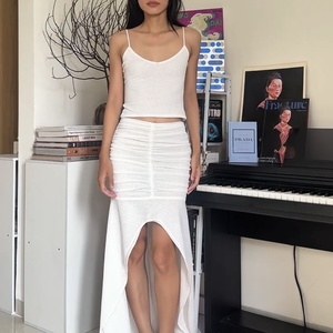 Jupe sirène superposée asymétrique en maille, taille naturelle, longueur maxi, respirante, avec décorations plissées menthe, articles en stock, qualité export - Product Image 2