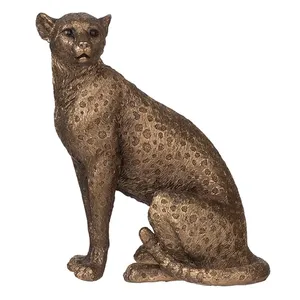Sculpture en métal de léopard assis en bronze antique, statue de chat sauvage de luxe pour le salon, le bureau et la décoration de la maison de style safari - Product Image 1