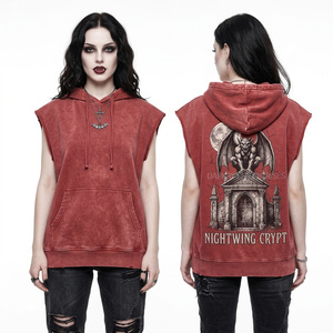Chaleco Deportivo Personalizado Estilo Vintage Rojo con Lavado Ácido, Sin Mangas, con Capucha, Estampado Gráfico Gótico de Gargola, Bajo sin Rematar, Oversize, para Mujer - Product Image 1