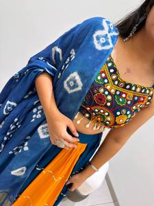 Blue Orange Indian Pakistani Set Embroidered Beaded Rayon Quick Dry Crop <b>Top</b> Pleated <b>Lehenga</b> Costume for Festival Wedding - Product Image 2