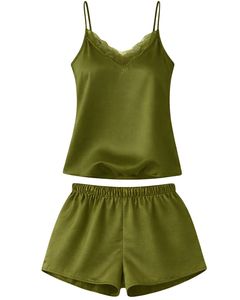 Olive Green Satin Camisole Shorts Set Women Sleepwear <b>Lace</b> Trim Spaghetti Strap Breathable Summer Nightwear Pajama Set Lounge - Product Image 1