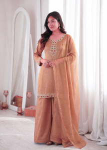 Pure Salsa Silk Kundan Sequence Embroidery Kurti Set With Micro Cotton Lined Palazzo <b>Pant</b> And Lace Dupatta For Women QO 1072 - Product Image 1