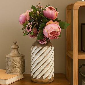 Handmade Mango Wood Tabletop Vase Round Decorative Flower Vessel Carved Wooden Ornament for Home Gift - Product Image 5