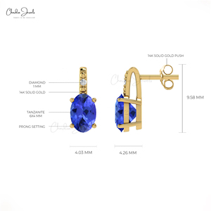 Produits les plus vendus : Boucles d'oreilles clous en tanzanite taille ovale en or massif 14 carats avec halo de diamants, fermoirs à pression, bijoux faits main sur mesure - Product Image 4