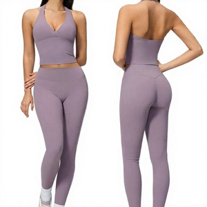 Lavender 2-Piece Yoga Set High Waist <b>Leggings</b> Deep V Halter <b>Crop</b> Top Seamless Spandex Polyester Full Length Workout Wear - Product Image 3