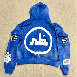 Sweat à capuche zippé pour homme en molleton épais, coupe courte, style streetwear personnalisé, avec patch brodé appliqué effet vieilli et délavé à l'acide - Product Image 5