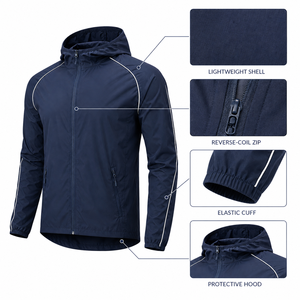 Men's Navy Hooded Sport Jacket Quick Dry Polyester <b>Zip</b> Front Elastic Cuff <b>Zip</b> Pockets Custom Logo Spring Wear - Product Image 5