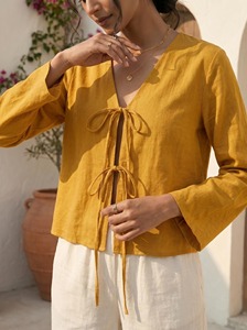 Blusa de Lino con Cuello en V para Mujer, Manga Larga con Volantes, Estilo Bohemio Vintage para Oficina, Transpirable, Color Sólido, Primavera Verano - Product Image 4