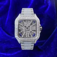 Montre de luxe pour homme avec cadran carré serti de diamants, boîtier rectangulaire de 38 mm en acier inoxydable, mouvement mécanique analogique, fermoir déployant, verre saphir