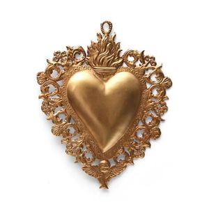 Handcrafted Metal Sacred Heart Wall Decor Antique Gold Exquisite Flaming Heart with Wings Ex_voto Home Decor Plaque <b>Mirror</b> - Product Image 2