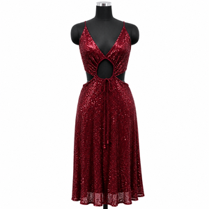 Burgundy <b>Sequin</b> Cocktail Dress Women Deep V Neck Cut Out Tie Waist Sleeveless Midi Party Evening Prom Wedding Guest Sparkling - Product Image 1
