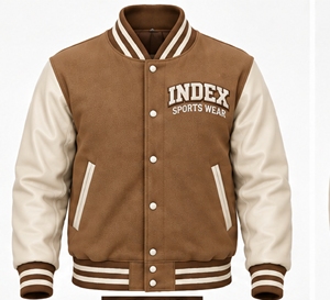 Chaqueta Varsity Marrón para Hombre, Marca Index, con Mangas Blancas, Logotipo Bordado, Cuello Camisero, Cierre de Botones, para Otoño - Product Image 1