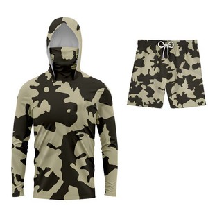 Men's Blue Camouflage Fishing Wear Set <b>Long</b> <b>Sleeve</b> Hoodie With Shorts UPF 50 Quick Dry Polyester Outdoor Apparel - Product Image 5