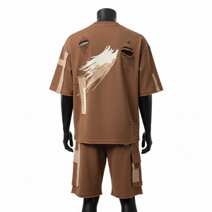 Ensemble t-shirt et short en coton surdimensionné pour homme, 260 GSM, tons terre, empiècements, logo imprimé sur mesure - Product Image 2