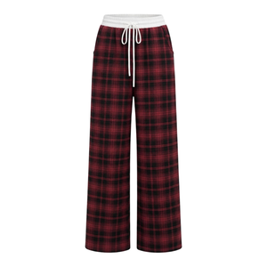 <b>Womens</b> Red <b>Black</b> Plaid Flannel Loose Wide Leg Lounge <b>Pants</b> White Elastic Waistband Drawstring Side Pockets Casual Sleepwear - Product Image 1