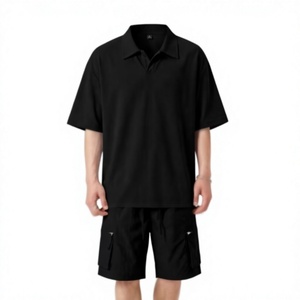 Men's Black Polo Shirt and Shorts Set Solid Color Knitted Breathable Casual Summer Wear 100% Cotton Short Sleeve Customized Logo - Product Image 1