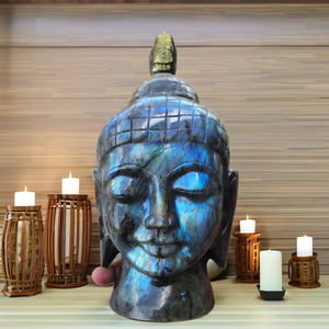 Escultura de piedras preciosas de labradorita hecha a mano, cabeza de Buda moderna tallada, arte religioso de tendencia y estatua coleccionable de la India - Product Image 1