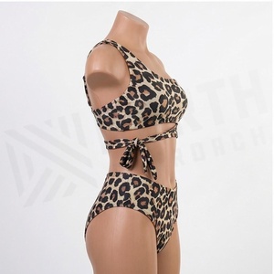 Ensemble bikini 2 pièces imprimé léopard pour femme, coupe asymétrique à une épaule, taille haute, bandeau, tissu extensible - Product Image 3