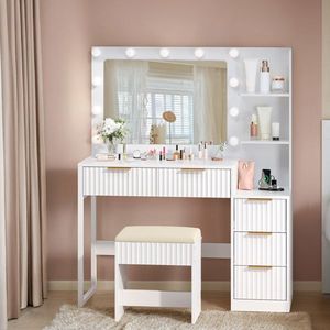 5-Drawer 2-Shelf Dressing Table Set White Particleboard Melamine Finish 11 Three-Tone Light Bulbs Power Strip Makeup Vanities - Product Image 2