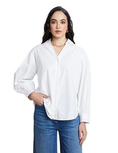 Women's <b>White</b> Poplin Button Down Shirt With <b>Balloon</b> Sleeves Turn-down Collar Loose Fit Casual Everyday Wear - Product Image 1
