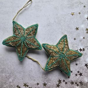 Handmade Beaded <b>Star</b> Ornament Gold and Teal Christmas Tree Decor <b>Hanging</b> Decoration Indoor Use Eco-Friendly Crafted Decor - Product Image 1
