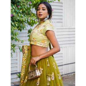 Ravishing <b>Green</b> Mirror Embroidered <b>Net</b> Lehenga Choli for Wedding Reception - Product Image 4