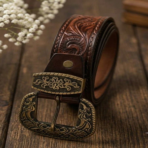 Real Cowhide Leather Floral Engraved Unisex <b>Belt</b> Vintage Style Tooled <b>Western</b> <b>Belt</b> with Designer Antique Brass Pin Buckle <b>Belt</b> - Product Image 2