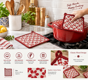 Sai Impex – Support de casserole en coton, motif floral rouge, résistant à la chaleur, avec boucle de suspension, 20x20cm, lavable, durable, anti-adhésif - Product Image 1