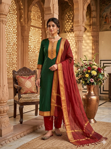 Green Cotton <b>Kurta</b> With Red Dupatta Set <b>For</b> <b>Women</b> Traditional Indian Ethnic Wear Ankle Length Regular Fit Casual Style - Product Image 6