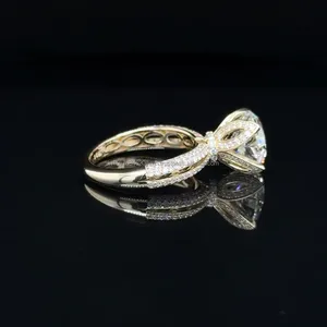 Anillo de Diamantes de Lujo con Forma Redonda, Acabado en Oro Amarillo, con Piedras Laterales, Diseño de Lágrima, Anillo de Boda Elegante para Mujer, Joyería Fina - Product Image 4